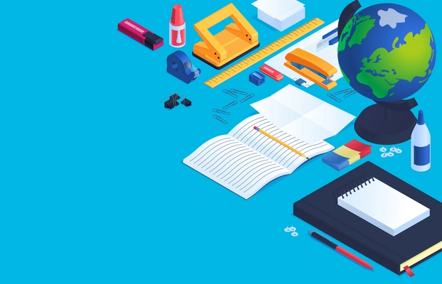 Office and school stationery background with eraser glue and globe isometric vector illustration