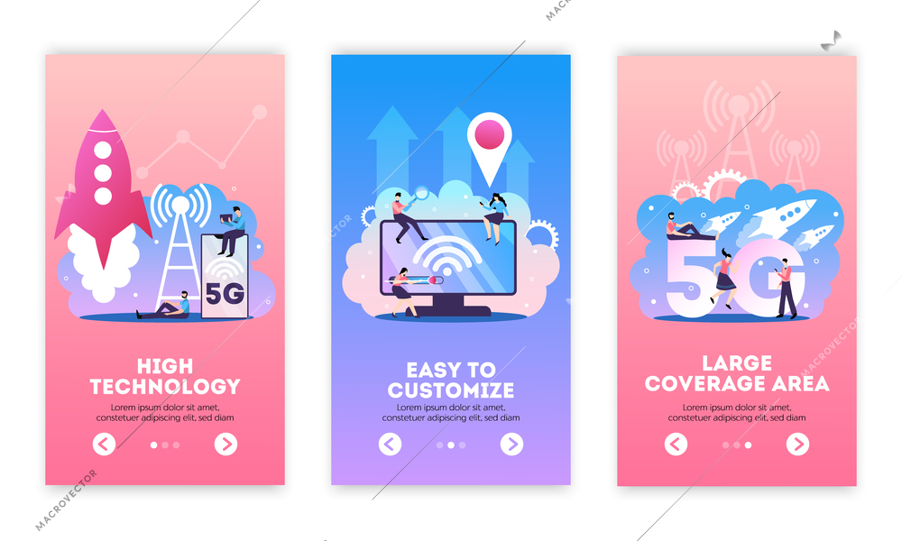 5g internet vertical banners set with editable text and flat compositions of mobile connection technology images vector illustration