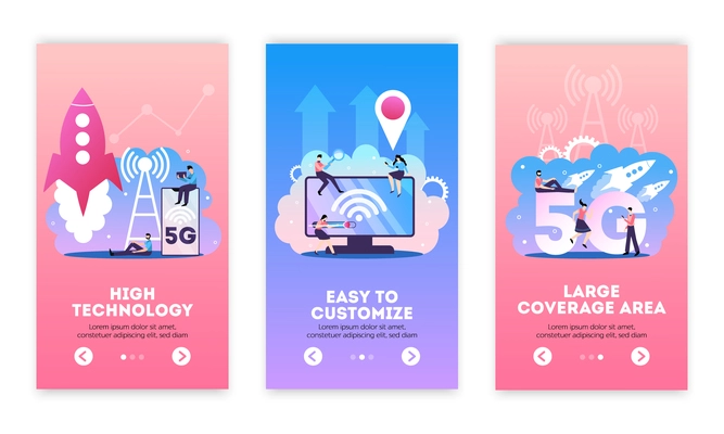 5g internet vertical banners set with editable text and flat compositions of mobile connection technology images vector illustration