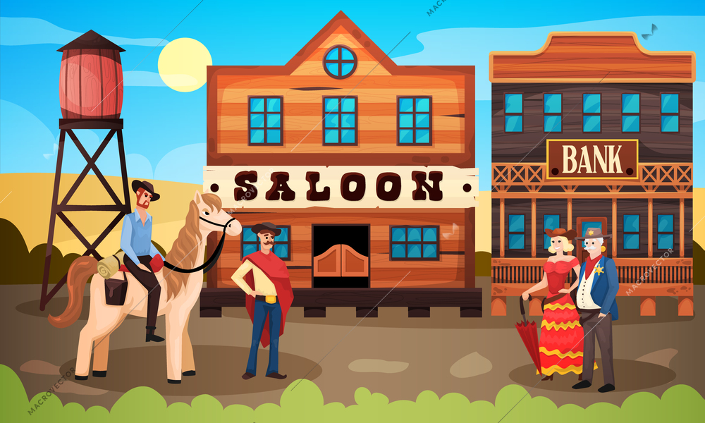 Wild west cowboy composition with vintage town landscape city street with saloon bank and human characters vector illustration