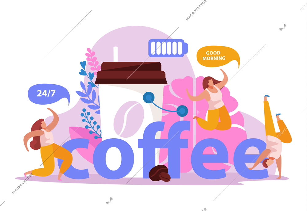 Caffeine stimulating effect flat composition with text and people dancing near coffee cup with full battery vector illustration