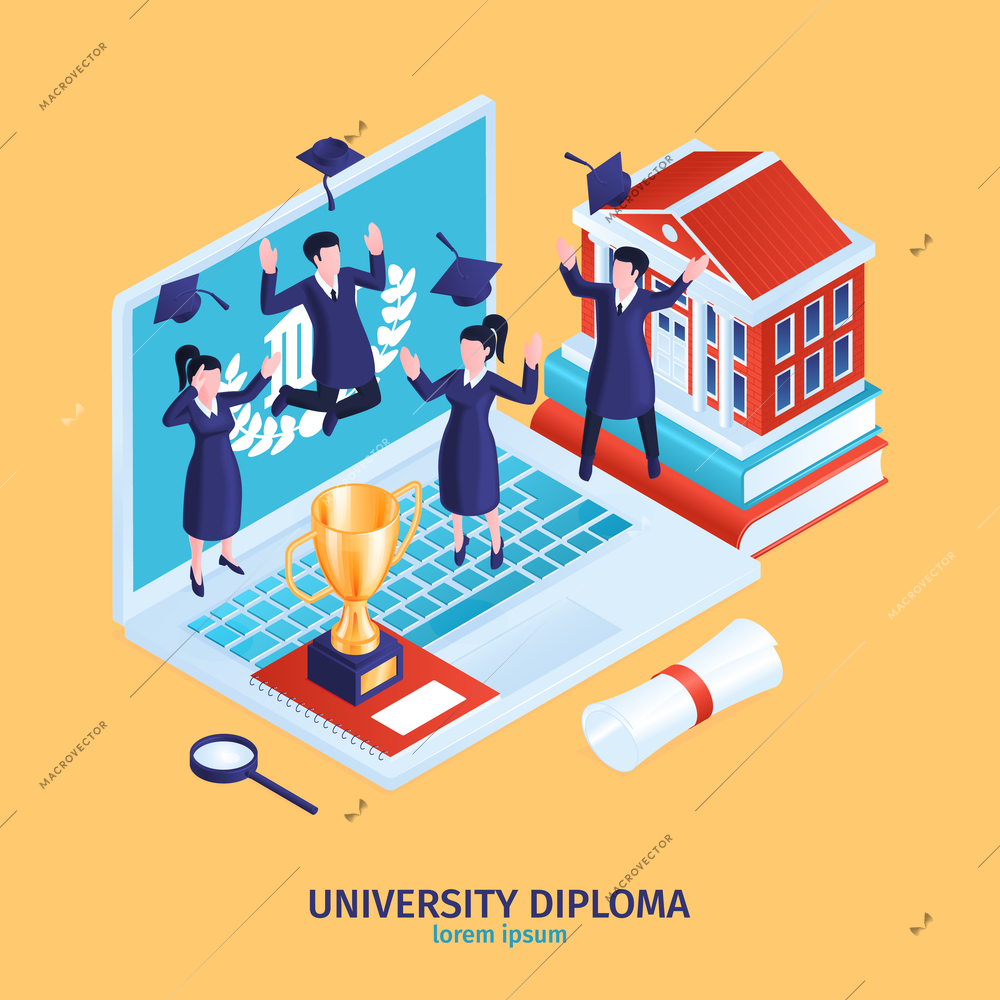 Isometric graduation diploma composition with small human characters on top of laptop computer keyboard with text vector illustration