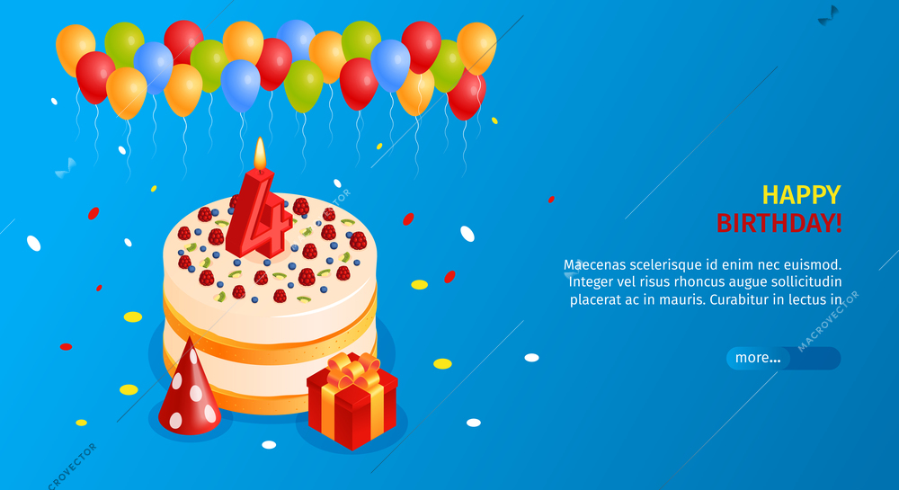 Birthday cake poster with happy birthday wish symbols isometric vector illustration