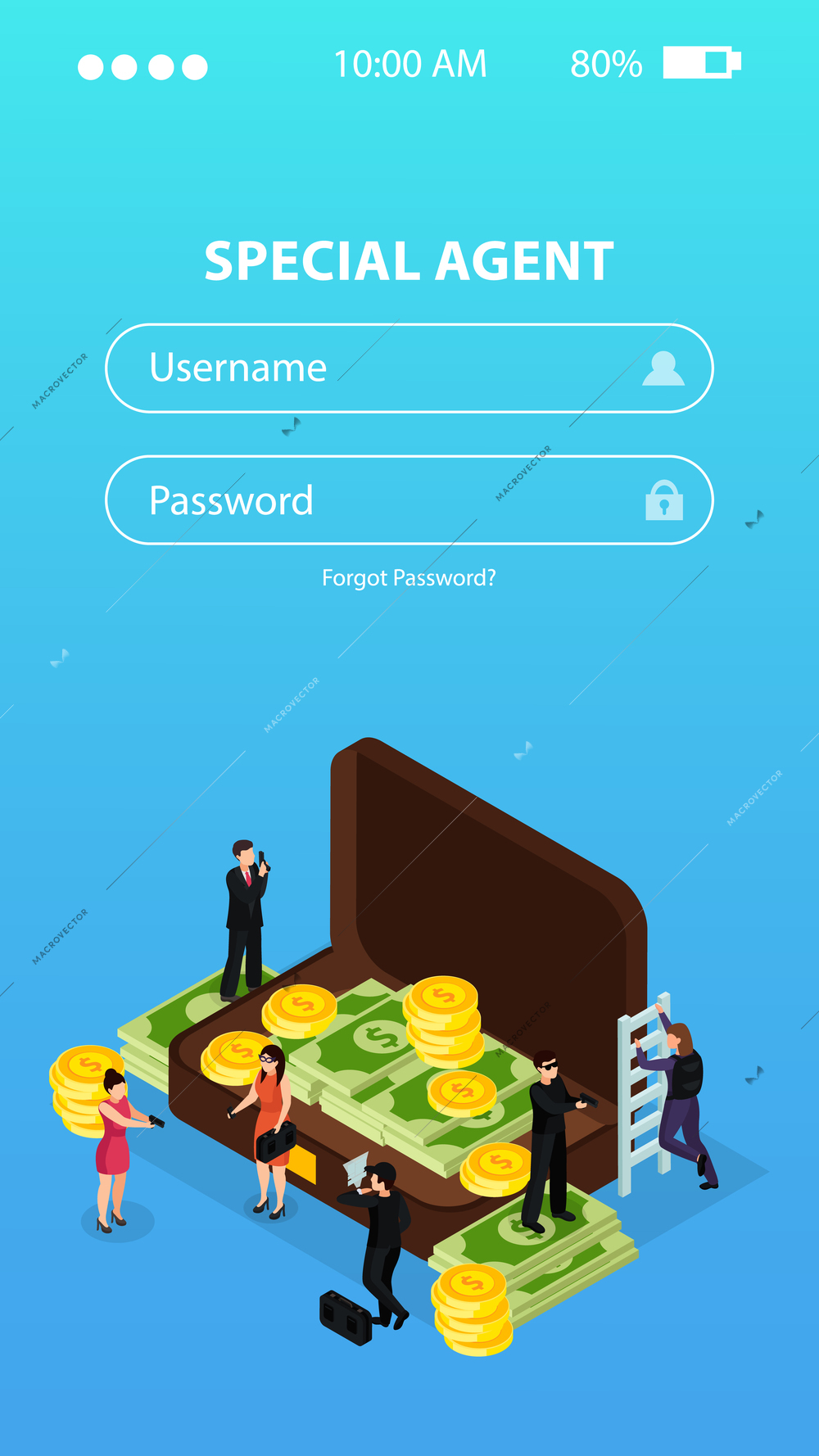 Special agent spy isometric background of smartphone app with sign in fields and suitcase with money vector illustration