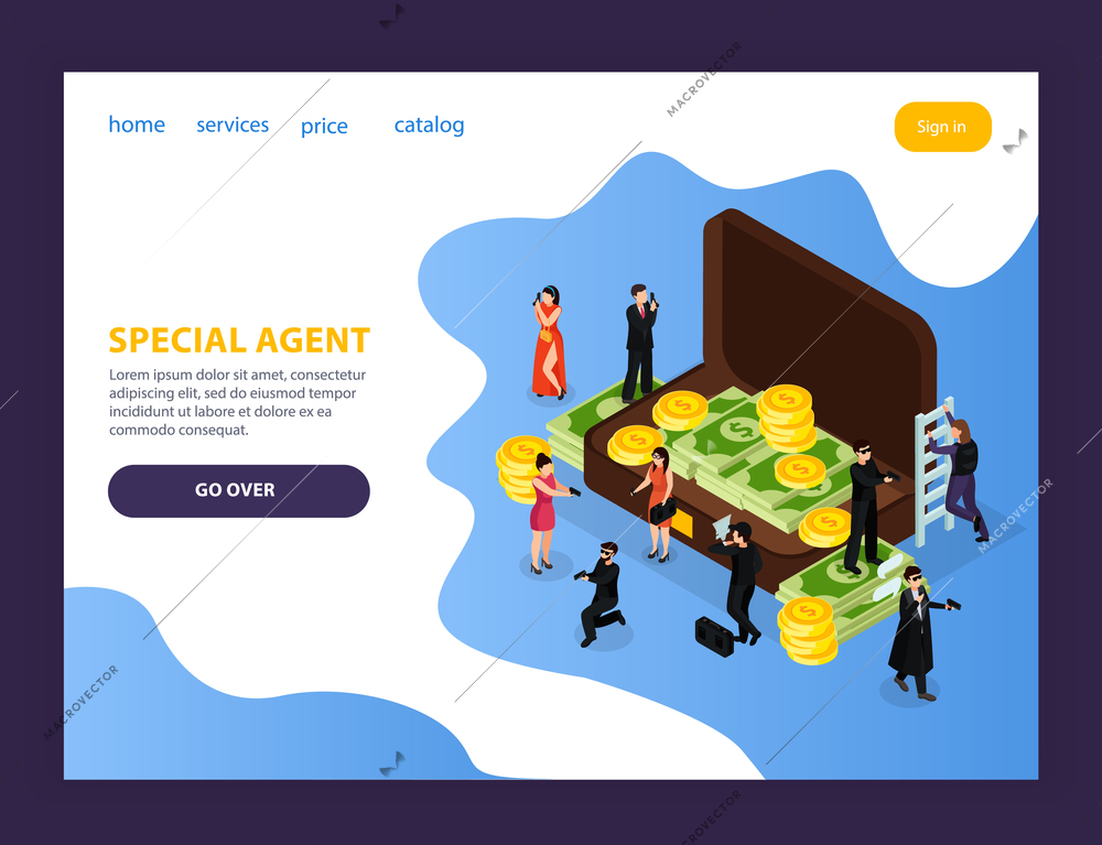 Special agent spy isometric web site page with clickable links buttons and editable text with images vector illustration