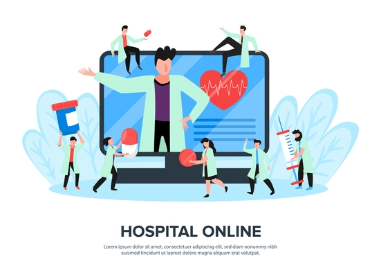 Online medicine background with editable text and desktop computer big screen with characters of medical specialists vector illustration