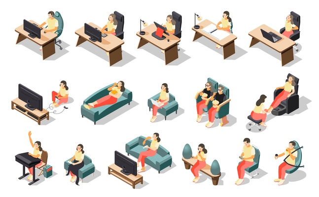 Sedentary lifestyle isometric recolor icon set with girl doing different activities in a sitting position vector illustration