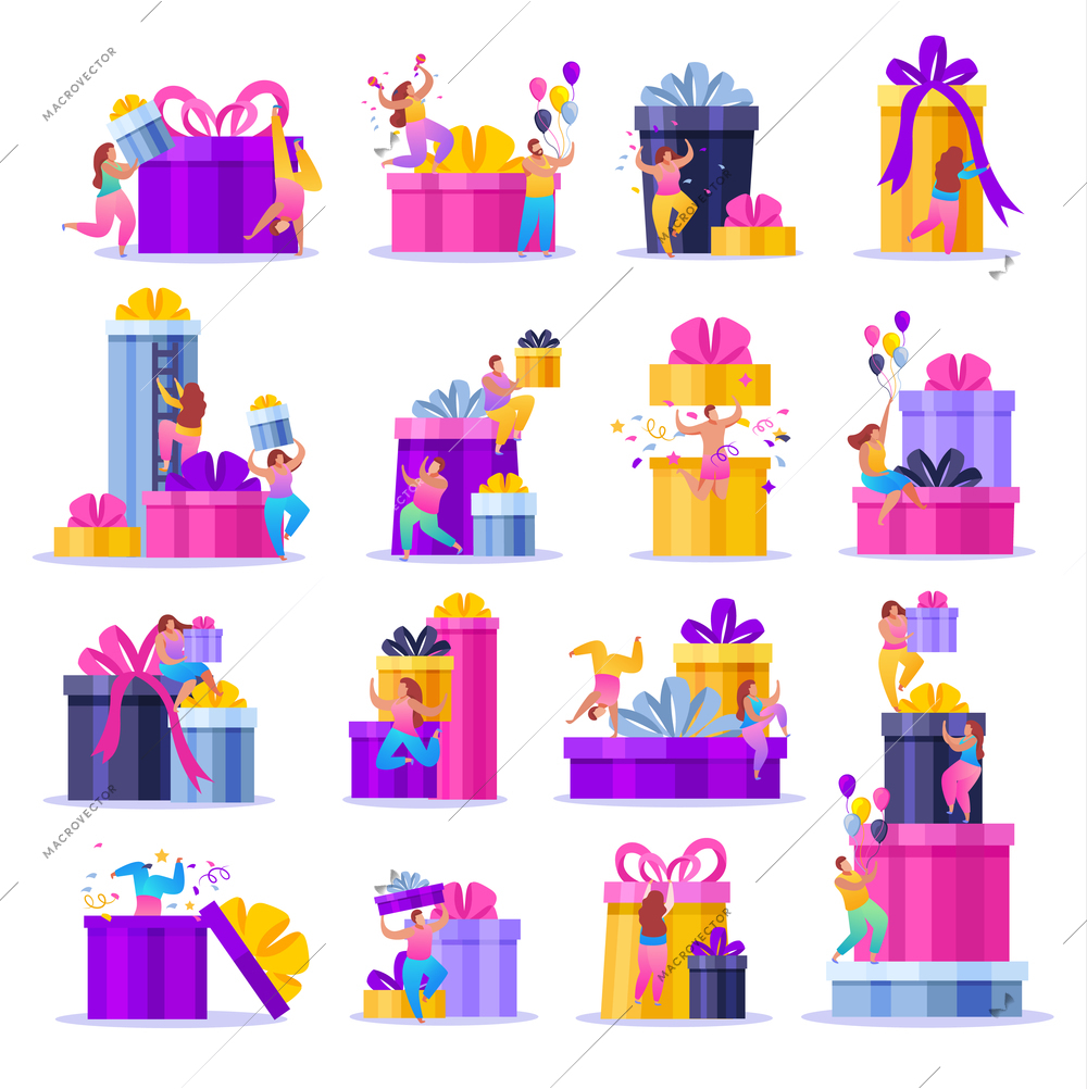 People with gifts set of flat icons isolated compositions of colourful boxes and small human characters vector illustration