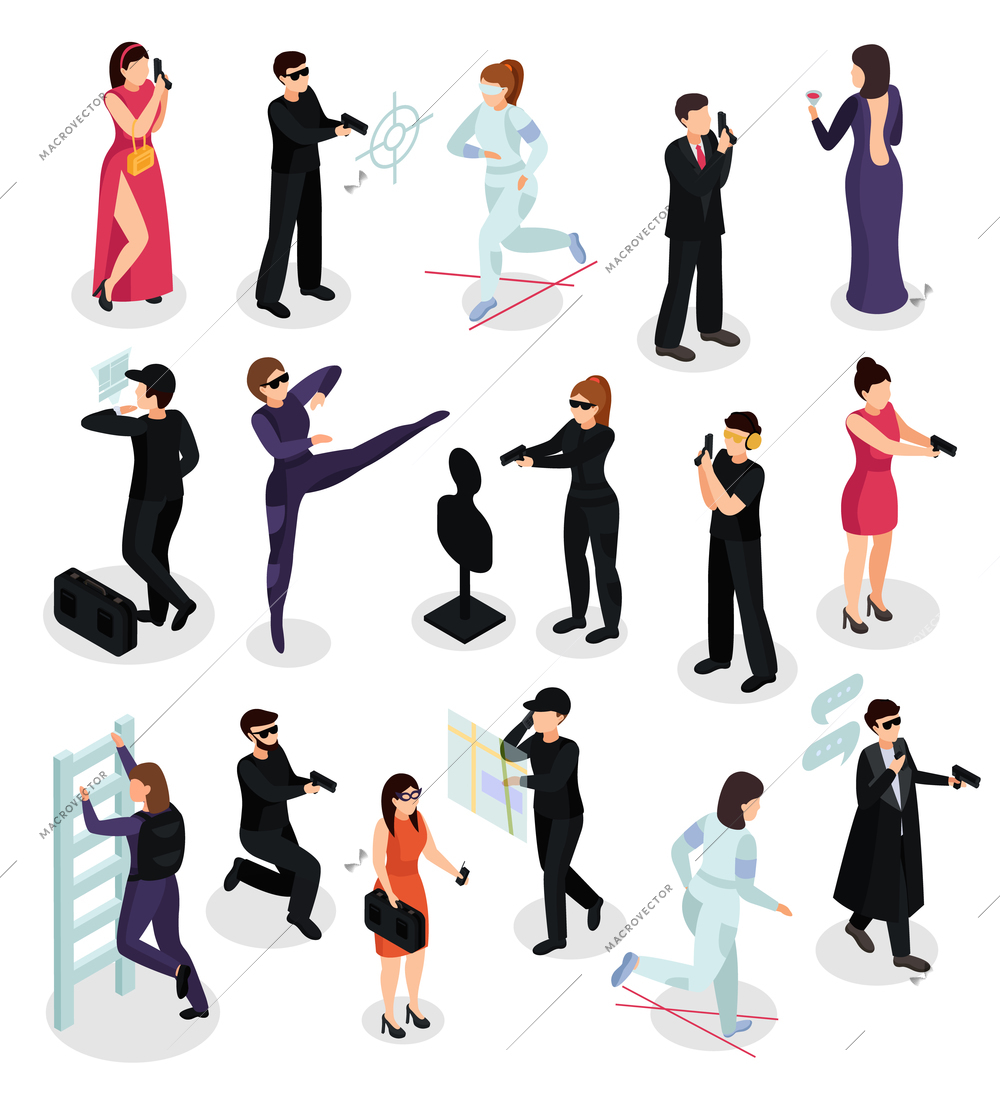 Special agent spy isometric icons collection of isolated human characters with weapons targets and black costumes vector illustration