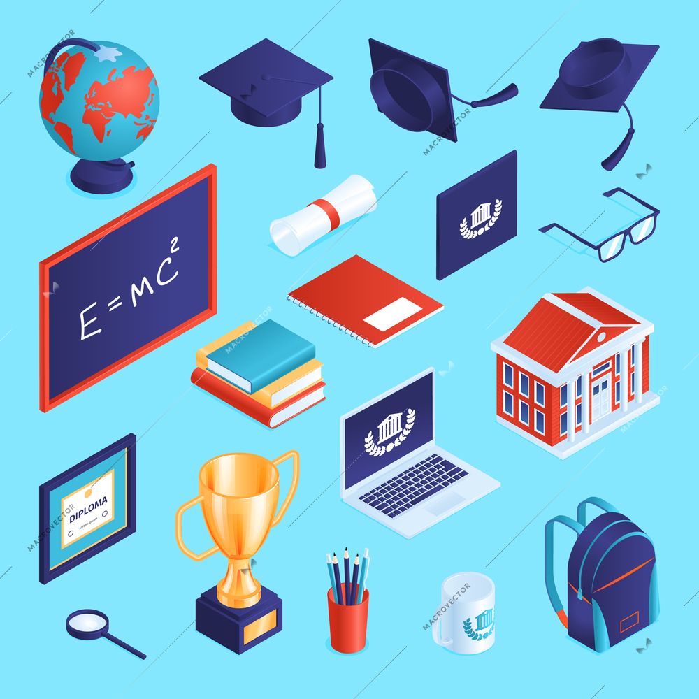Isometric graduation diploma academic set of isolated items and students hats with books copybooks and computers vector illustration