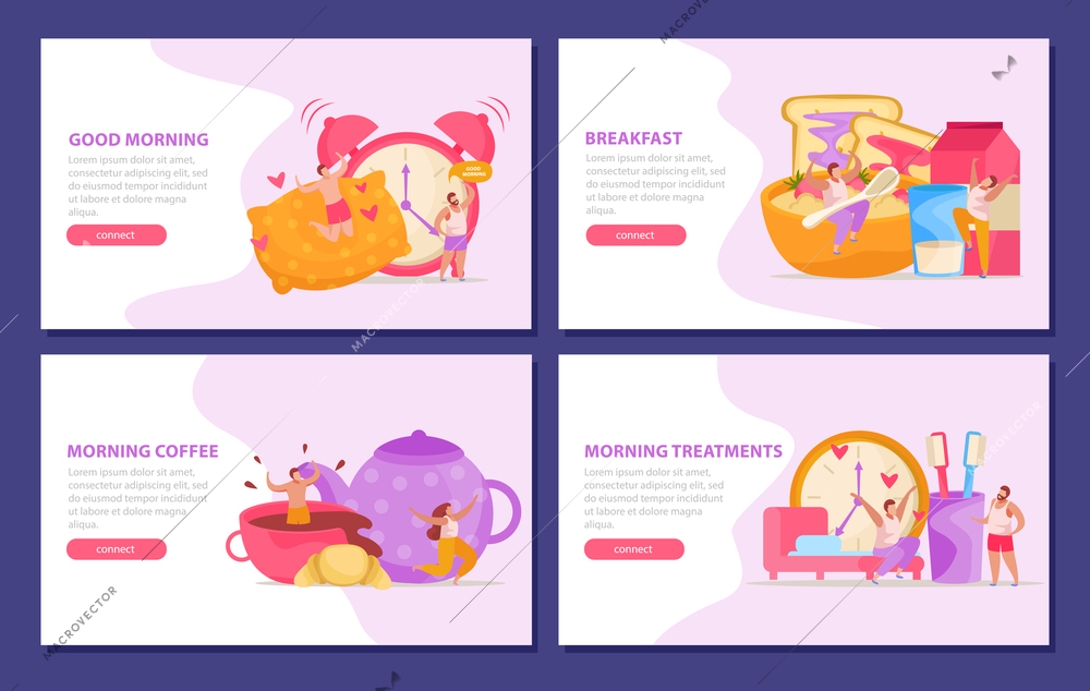 Morning people flat 4x1 set of horizontal backgrounds with doodle style images editable text and button vector illustration