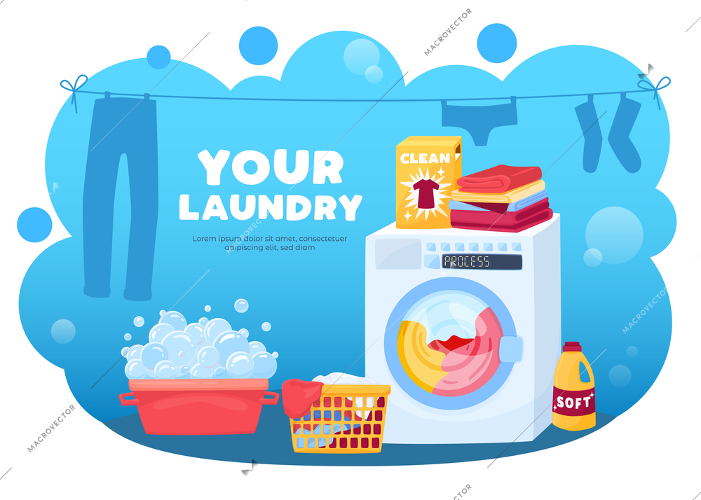 Laundry background with composition of drying clothes silhouettes washing machine and foam with bubbles and baskets vector illustration