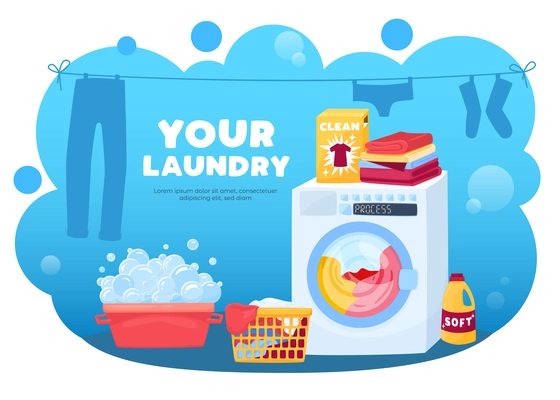 Laundry background with composition of drying clothes silhouettes washing machine and foam with bubbles and baskets vector illustration