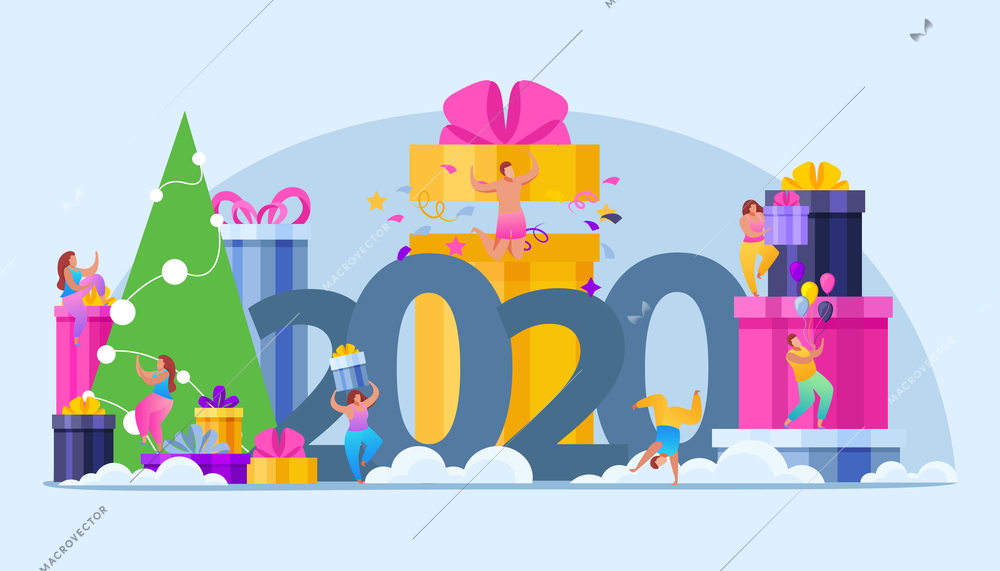 People with gifts flat composition with text surrounded by tall present boxes and doodle human characters vector illustration