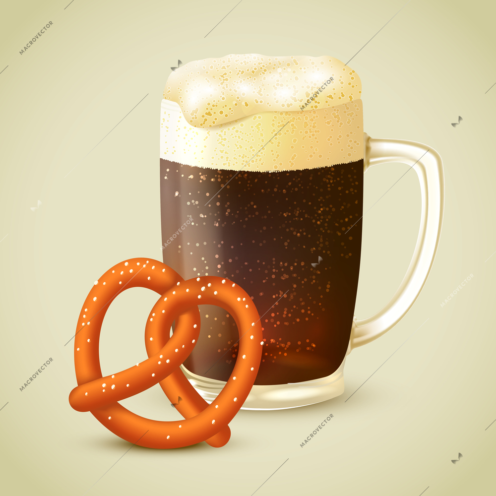 Glass mug of cold dark porter stout beer with froth and salt pretzel emblem vector illustration