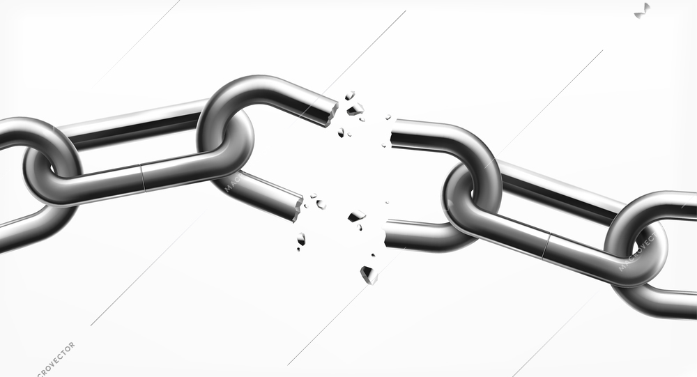 Freedom monochrome design concept with broken steel chain links on white background realistic vector illustration