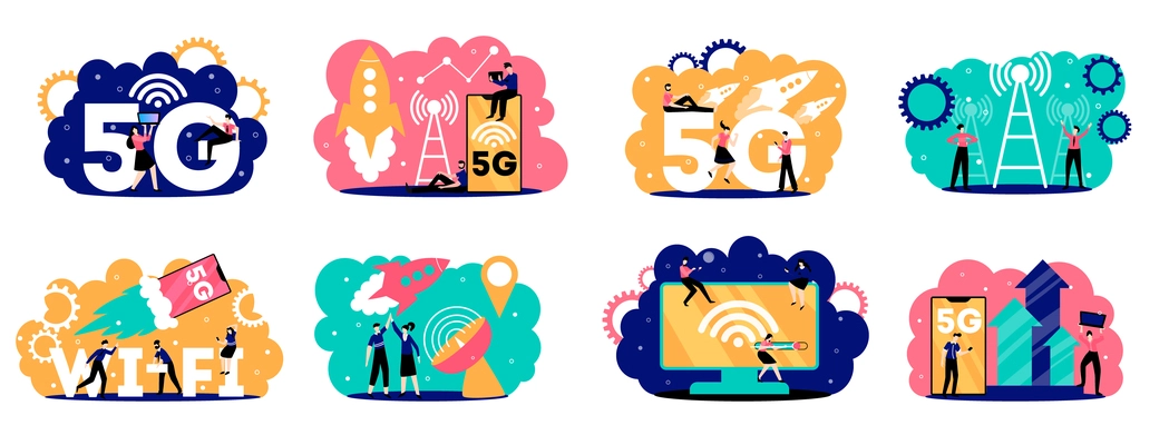 5g internet set of eight isolated compositions with human characters text and fast mobile connection pictograms vector illustration