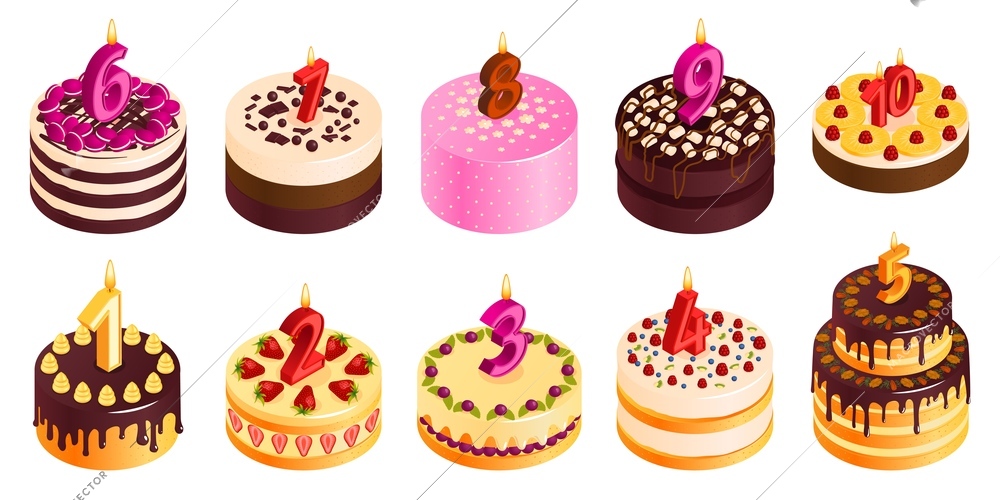 Birthday cake set with candles and cream isometric isolated vector illustration