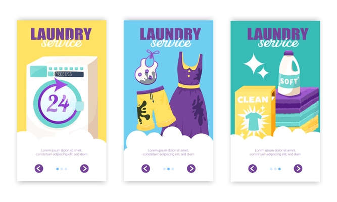 Set of three vertical laundry banners with arrow buttons ornate text with dirty and clean clothes vector illustration