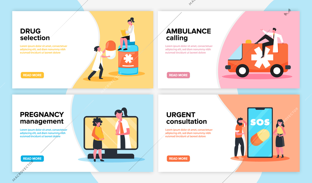 Online medicine horizontal banners set with read more buttons editable text and human characters of doctors vector illustration