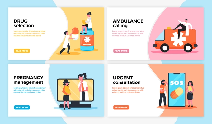 Online medicine horizontal banners set with read more buttons editable text and human characters of doctors vector illustration