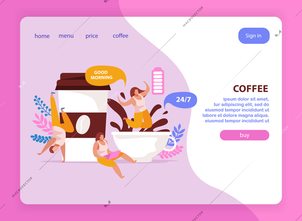 Caffeine stimulating effect flat composition with people jumping in coffee cups clickable links buttons and text vector illustration