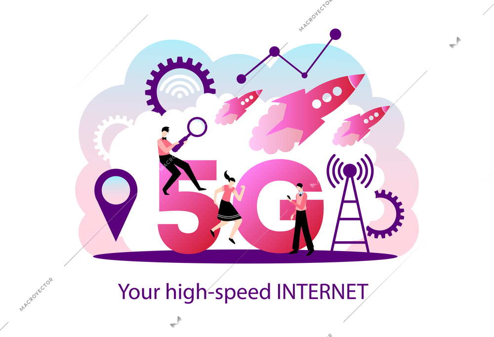 5g internet composition with text and images of cloud with flying rockets gear pictograms and people vector illustration