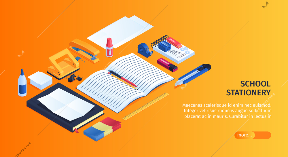 School stationery background with eraser copybook and glue isometric vector illustration