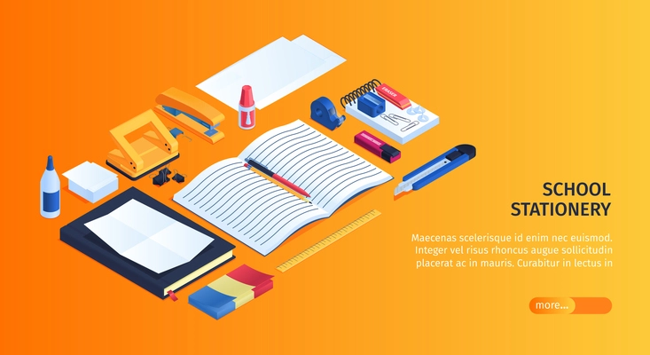 School stationery background with eraser copybook and glue isometric vector illustration