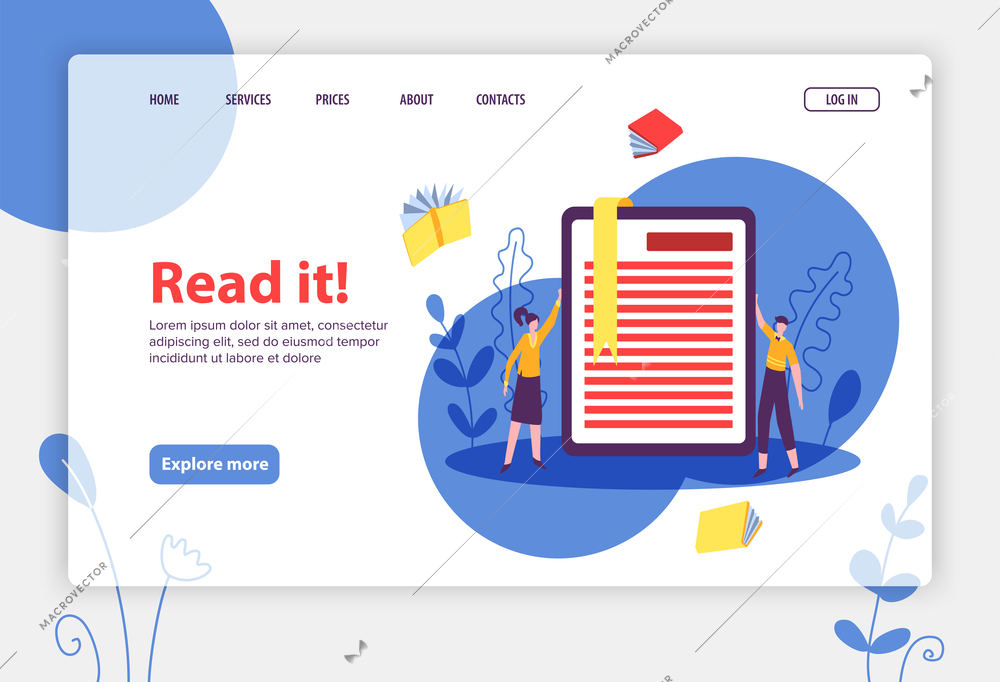 Online library concept banner for website landing page with images clickable links buttons and editable text vector illustration