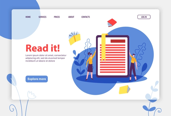 Online library concept banner for website landing page with images clickable links buttons and editable text vector illustration