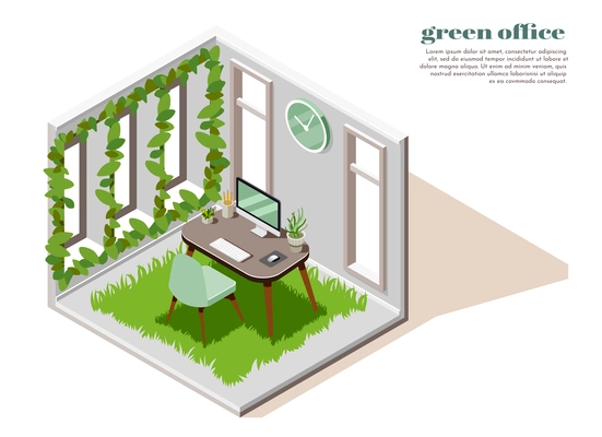 Green office isometric and colored composition with green plants colors and carpet vector illustration