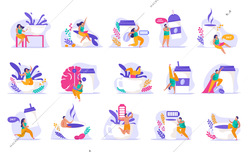 Caffeine stimulating effect flat recolor set of isolated icons with people and coffee cups with batteries vector illustration