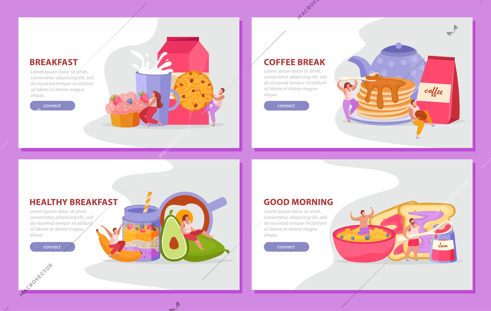 People with breakfast flat banner set with coffee break healty breakfast and good morning headlines vector illustration