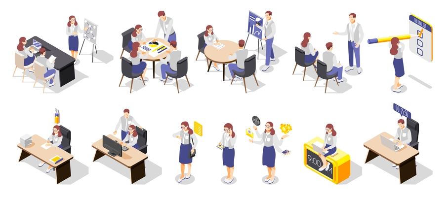 Effective management isometric recolor icon set with stuff on the work brainstorming and thinking vector illustration