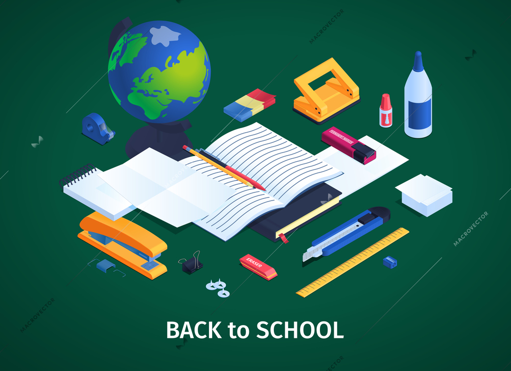 School stationery concept with back to school symbols isometric vector illustration