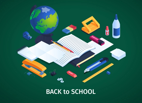 School stationery concept with back to school symbols isometric vector illustration