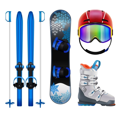 Ski snowboard equipment realistic set with isolated images of boots helmet and poles on blank background vector illustration