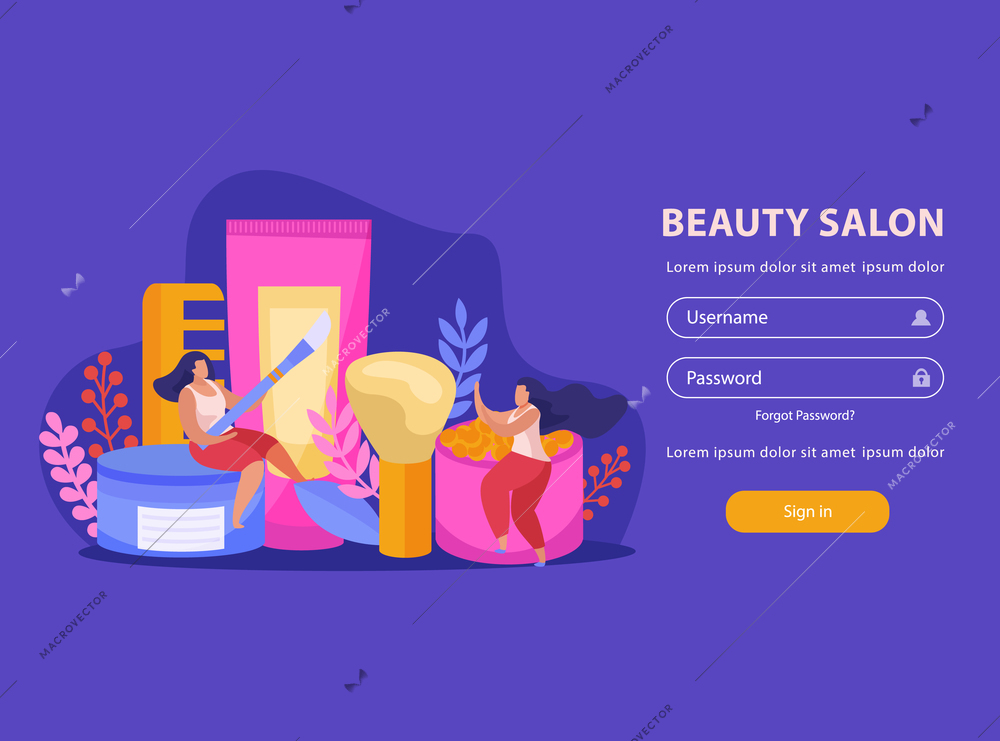 Beauty salon flat colored background with big headline and personal account interface vector illustration