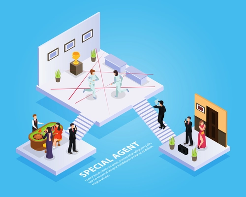 Special agent spy isometric composition with platforms stairs spy thriller elements and people with editable text vector illustration