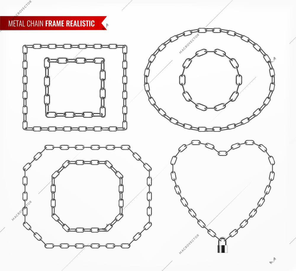 Metal chain frame realistic set of oval rectangle circle square polygon heart shapes monochrome vector illustration