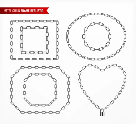 Metal chain frame realistic set of oval rectangle circle square polygon heart shapes monochrome vector illustration