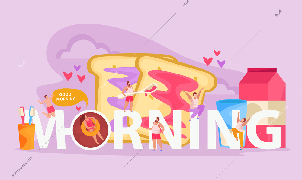 Morning people flat composition with text and small human characters with tooth brushes sandwiches and coffee vector illustration