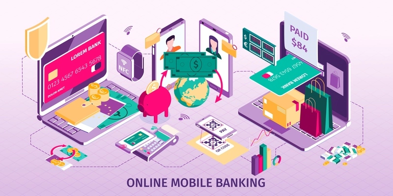 Online mobile banking concept with payment symbols isometric vector illustration