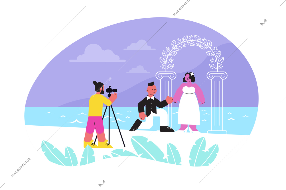 Photo session wedding flat composition with human characters of newly wedded couple taking photo near landmark vector illustration