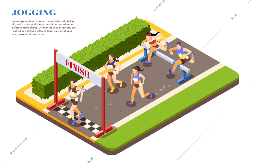 Sprint hurdle race runners jumping over obstacles crossing finish line isometric composition sport jogging promotion vector illustration