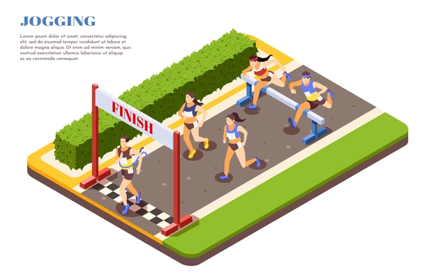 Sprint hurdle race runners jumping over obstacles crossing finish line isometric composition sport jogging promotion vector illustration