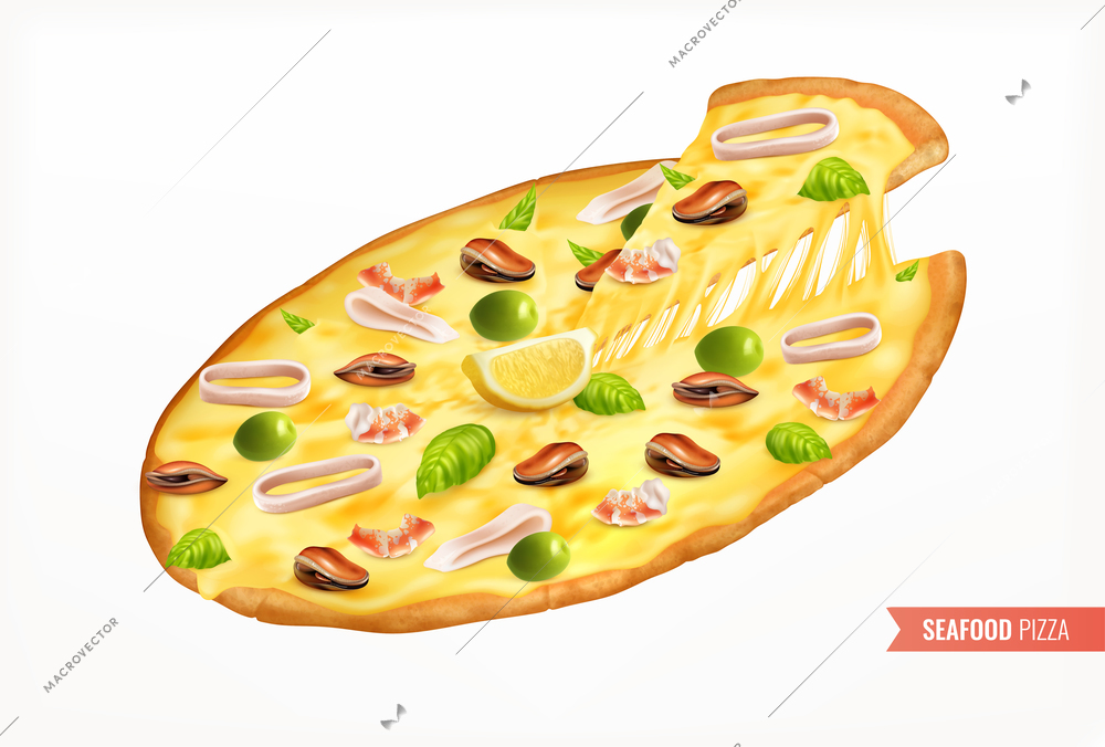 Whole seafood pizza with squid shrimp mussels lemon and olives realistic background vector illustration