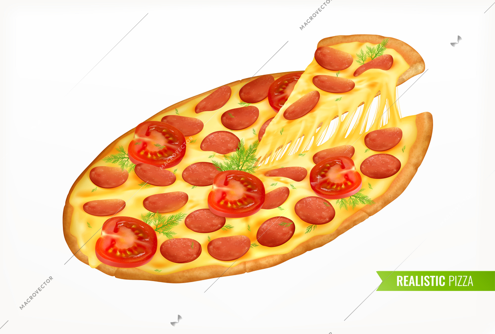 Fast food colored realistic design concept promoting delicious italian pizza with traditional ingredients cheese and tomato isolated vector illustration