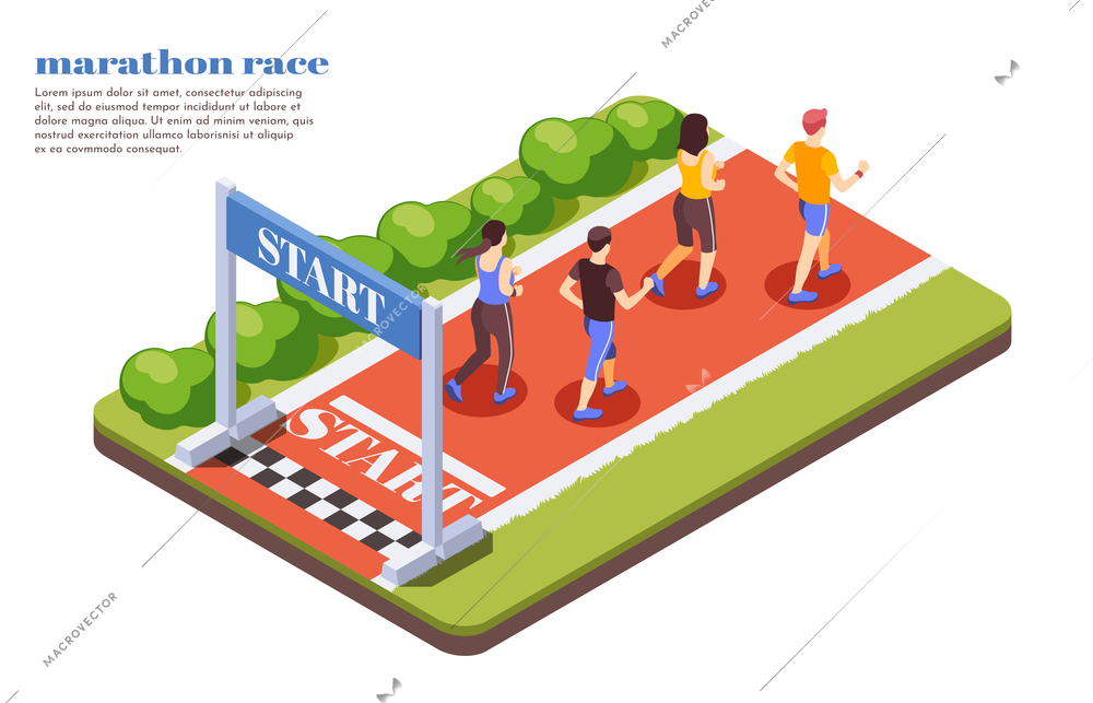 Marathon race runners isometric composition with participants starting jogging contest on sunny summer day text vector illustrations